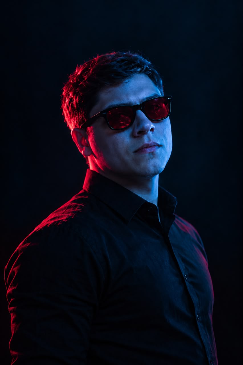 Pitter, in a black shirt and dark sunglasses, lit red on one side and blue on the other.
